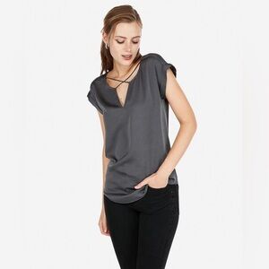 Express Charcoal Blouse with Crisscross Detail
